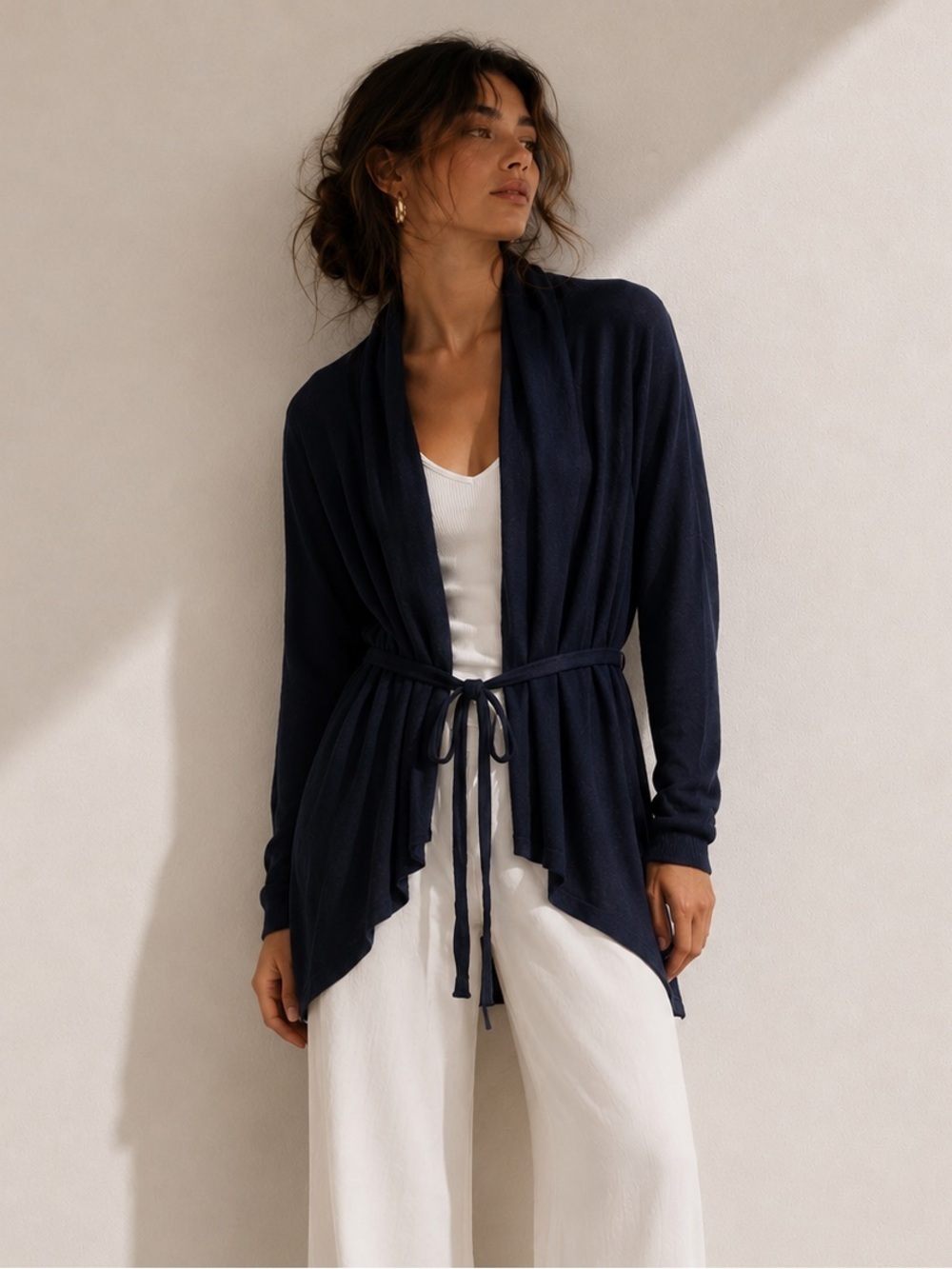 ZARA Knit Navy Open Front Long Sleeve Belted Cardigan Size L